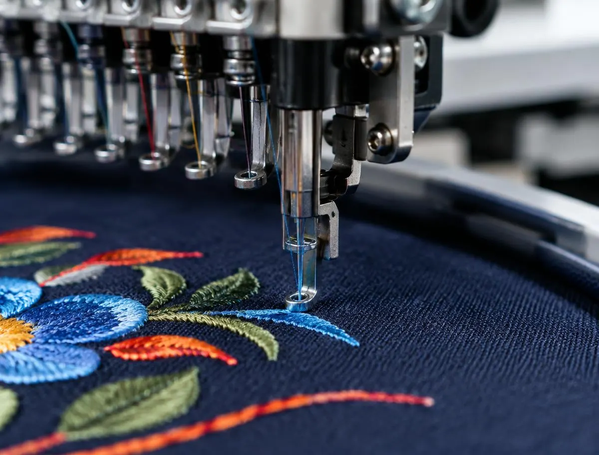 Borduurmachine borduurt een logo op een polo in het atelier van AB Textiles